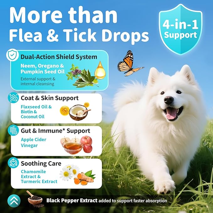 Dog Flea and Tick Support, Natural Herbal Flea & Tick Comfort for Dogs, Flea Liquid Drops Supplement for Dogs with Neem, Oregano, Pumpkin Seed Oil - Chicken Flavor, 2 FL.Oz - All Breeds & Sizes