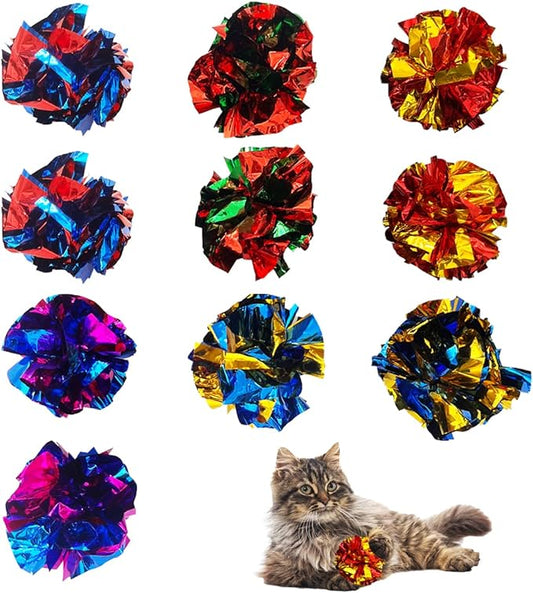 Cat Crinkle Ball Toys 10 Packs for Indoor Cats to Kill Time and Keep Fit, 2.3 Inch Colorful Mylar Crinkle Balls Attract Cats to Swat, Bite, Hunt, Interactive Toys for Cats and Kittens