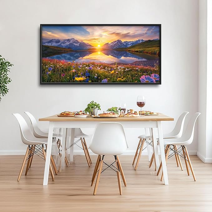Mountain Large Wall Art Sunrise Lake Flower Field Pictures Nature Landscape Wall Decor Canvas Print Painting Artwork for Bathroom Living Room Bedroom 60L" x 30W"