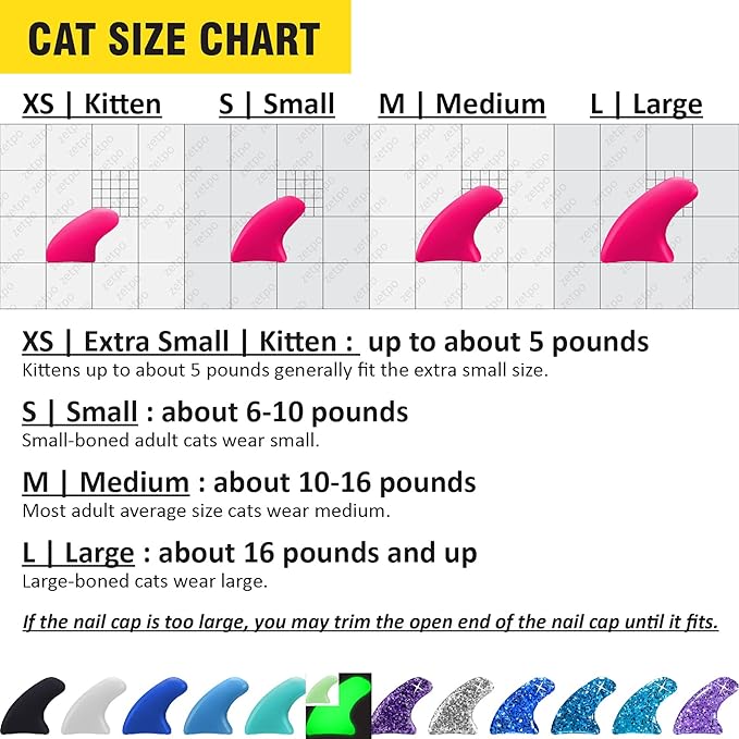 zetpo Cat Nail Caps | Cat Claw Covers | with Adhesives and Applicators (XS, 12x Colors/Leo | 120 pcs)