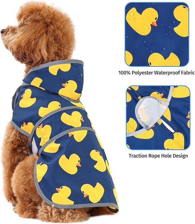 Dog Raincoat for Small Dogs Puppies Waterproof Hooded Rain Jacket with Reflective Strips Leash Hole & Poncho Adjustable Fit (Duck,S)