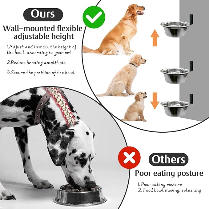 Hamiledyi 2 Pack Wall Mounted Elevated Dog Bowls - Adjustable Height Stainless Steel Raised Food & Water Bowls with Collapsible Stand for Medium & Large Dogs & Cats (S)