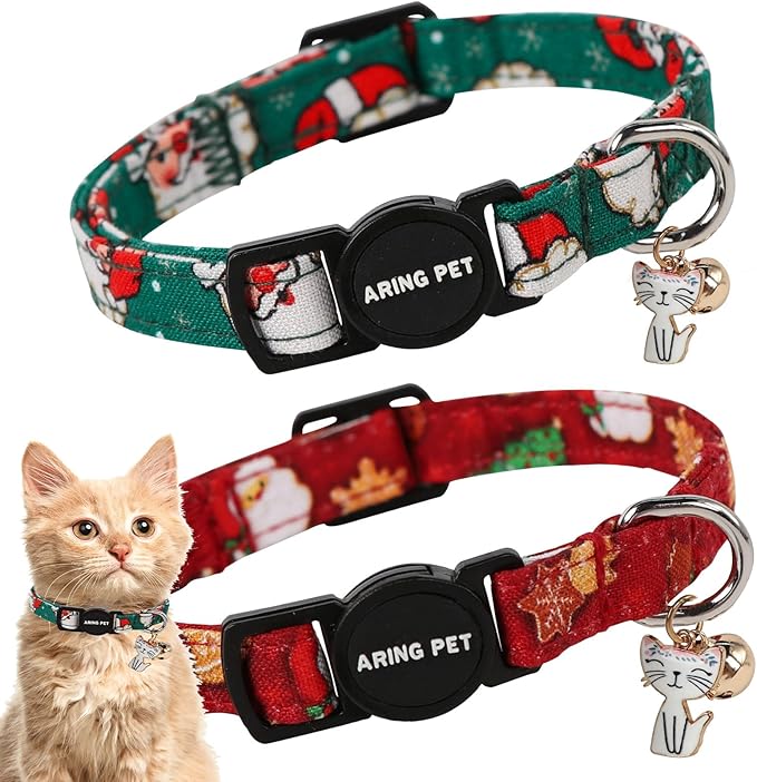 ARING PET 2 Pack Christmas Cat Collars-Cute Cat Collar Breakaway with Bell&Pendant, Adjustable Christmas Kitten Collars with Safety Buckle for Girl and Boy Cats