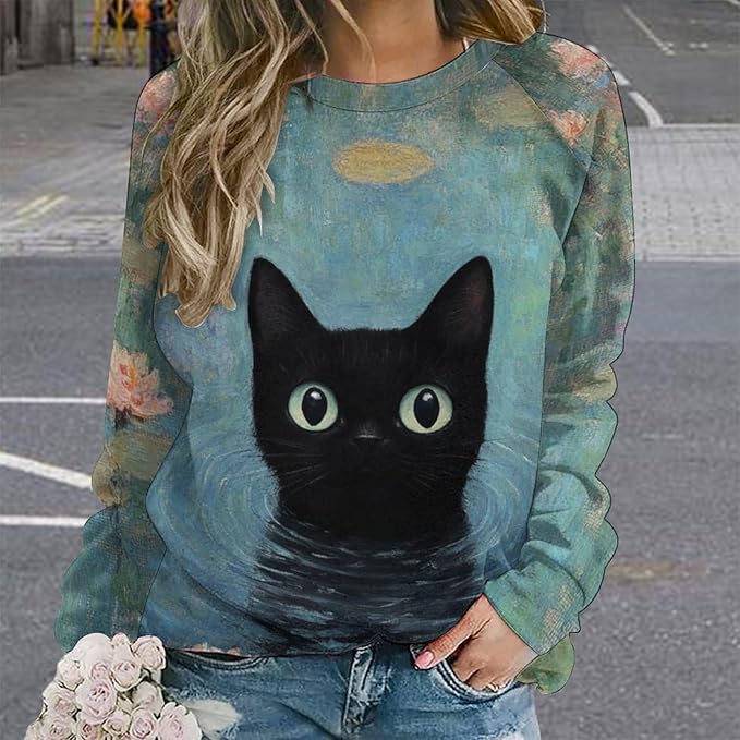 Long Sleeve Shirts for Women Cat Oil Painting Shirt 3D Graphic Sweatshirts Fall Pullover Crewneck Vintage Boho Tops