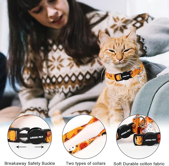 ARING PET 2 Pack Fall Cat Collars-Cute Breakaway Cat Collar with Bell & Pendant, Adjustable Fall&Halloween Kitten Collars with Safety Buckle for Girl and Boy Cats