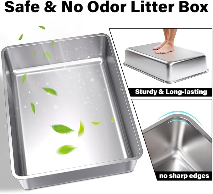 XXXL Stainless Steel Cat Litter Box -Extra Large 28"x20"x6" Metal Litter Box High Sides for Big Cats&Multiple Cats, Cat Litters Boxes Easy to Clean, No Odor, Anti-Urine Leakage