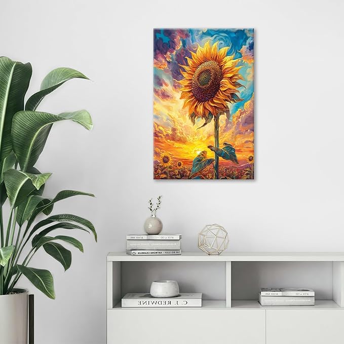 Sunflower Wall Art Canvas Yellow Floral Wall Decor Prints Framed Painting Pictures Gifts Artwork for Bathroom Bedroom Living Dining 16"x24"