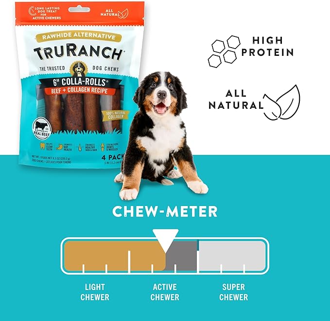 Collagen Rolls - 6" Collagen Rolls for Dogs - Long Lasting Healthy Joint Support - Rawhide Alternative - Skin & Coat Health - Made with Real Beef, Value Pack, 15 Bags, 60 Count