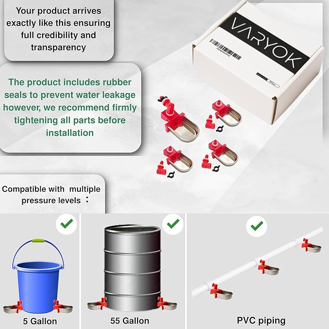 Heavy Duty Large Auto Metal 4 Pack Chicken Water Cups Chicken Waterer Cups for Poultry Rabbit Watering System and Small Animals Leak Proof Stainless Steel Fits 5 Gallon Bucket and PVC Pipes