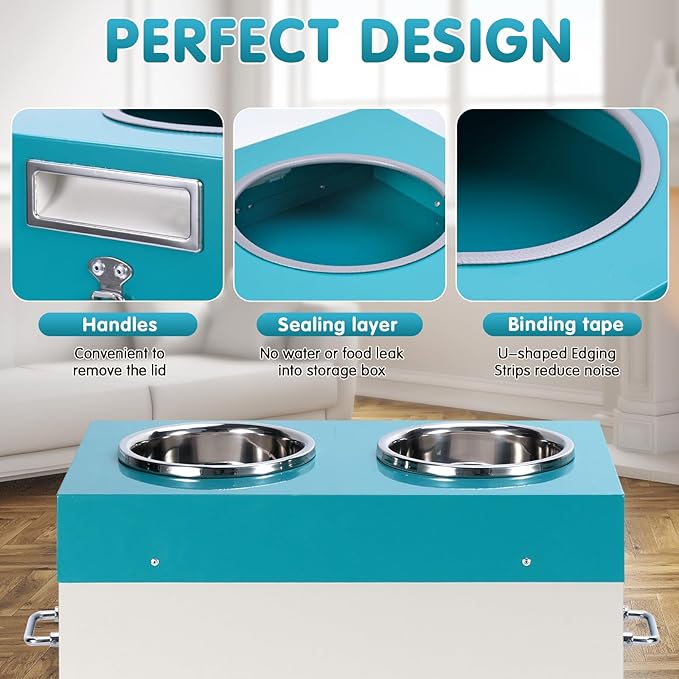 Large Elevated Dog Bowls with Storage,15" H Raised Bowl for Dogs 2-in-1 Airtight Pet Food Storage Holds Up to 45 Lbs2 Removable Stainless Steel Bowls for Medium & Large Dogs