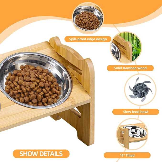 Elevated Dog Bowls, Adjustable Raised Dog Bowl Stand with 2 Stainless Steel Dishes and 1 Slow Feeder Bowl, Durable Bamboo Dogs Feeding Station for Small Medium Dogs/Cats