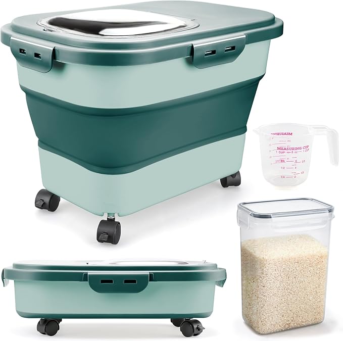 Rice Storage Containers, Collapsible 20 to 30Lbs Food Storage Bin Dispenser with Rolling Wheel and Clear Airtight Lid, BPA Free Flour, Sugar, Cereal and Dog Cat Pet food Containers