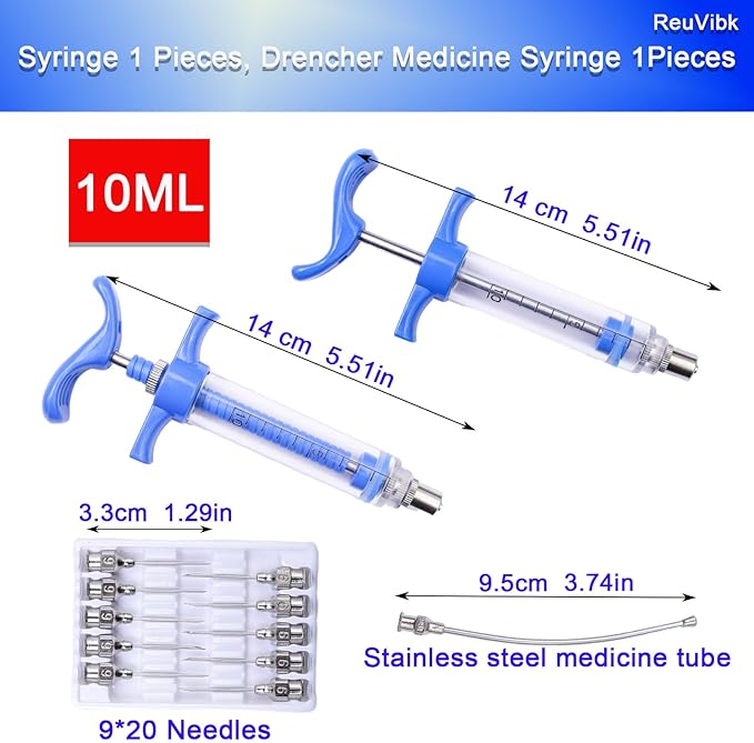 2Pcs 10ML Livestock Syringe, Reusable Adjustable Goat Drench Syringe, with 1 Drench Nozzle 10 Needles, Suitable for Small Poultry And Birds Such As Chickens, Ducks, Cats, Dogs, Etc