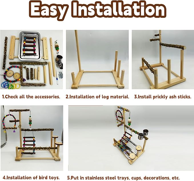 kathson Parrot Play Stand Parakeet Playground Bird Jungle Gym Wood Conure Playstand Hanging Chewing Toys with Swings and Feeder Cups Bird Cage Accessories for Cockatiel Lovebirds Budgie