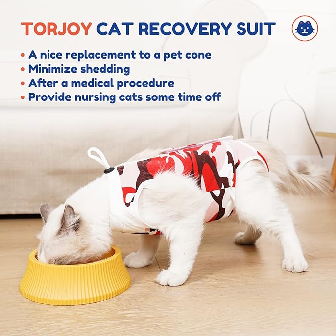 Cat Surgical Recovery Suit, Abdominal Wounds Cone E-Collar Alternative Anti-Licking Or Skin Diseases Pet Surgical Recovery Pajama Suit, Soft Fabric Onesies for Cats (L, Red)
