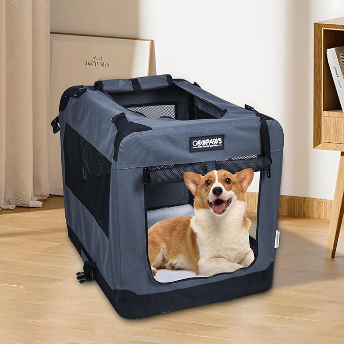 JESPET Soft Dog Crates Kennel for Pets, 3 Door Soft Sided Folding Travel Pet Carrier with Straps and Fleece Mat for Dogs, Cats, Shale Green, 36'' (2-Grey, X-Large(36" L x 24" W x 27" H))