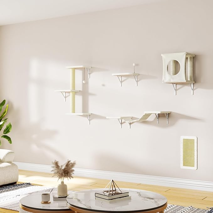 NUNU LAB Cat Wall Shelves, 10-in-1 Wall-Mounted Cat Furniture Set, Large Cat Climber Set with House, Bridge, Steps, Scratcher, DIY Playground, Shelves for Indoor Wall Furniture Set - Beige