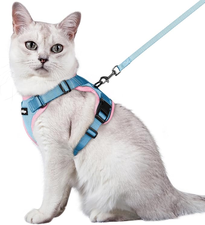 rabbitgoo Cat Harness and Leash for Walking, Escape Proof Soft Adjustable Vest Harnesses for Cats, Easy Control Breathable Reflective Strips Jacket, Light Blue&Pink, M