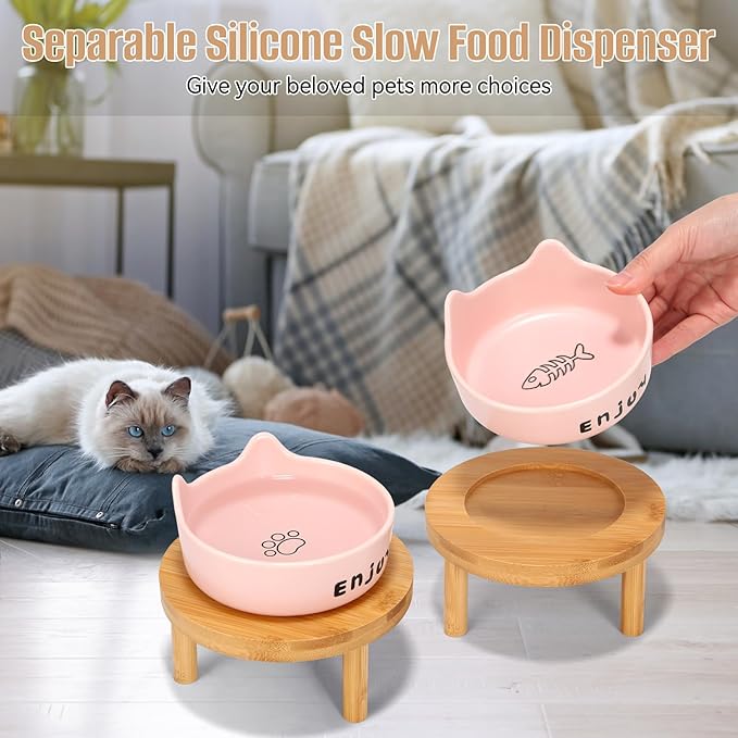 3PCS Elevated Cat Bowls,Wide Raised Ceramic Pet Dishes with Bamboo Stand, Whisker Friendly Pet Water or Food Plates Feeding Station for Indoor Small Dogs, Kitten (Pink+White)