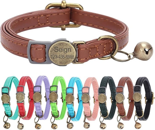 Cat Collar Breakaway, Personalized Leather Cat Collar with Bells-Adjustable Customized Collar with Name & Phone Number Tag for Girl Boy Cats -Quick Release Buckle for Cats & Kittens(Brown)