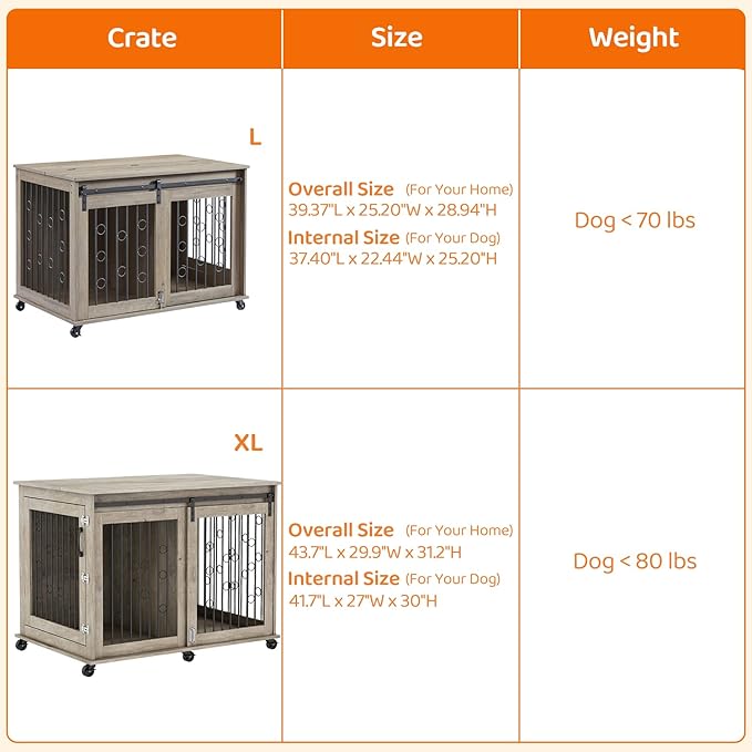 IchbinGo Large Dog Crate Furniture with Sliding Barn Door, 43.7" Wooden Dog Kennel End Table with Wheels and Flip-top Plate Dog House with Detachable Divider for Small/Medium/Large Dog (Rustic Grey)