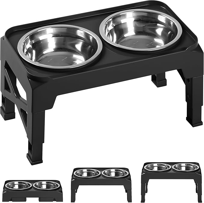 Hubulk Elevated Dog Bowls with 2 Stainless Steel Dog Food & Water Raised Bowls with No Spill Edge Non-Slip Stand Adjusts to 3 Heights(2.75", 6.0", 7.5") for Small Medium Dogs and Pet