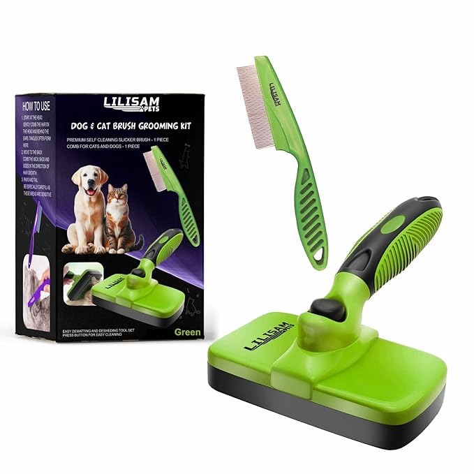 Pet Self Cleaning Slicker Brush and Grooming Comb - Gently Removes Loose Hair, Tangles, and Dirt - Skin Friendly Deshedding Grooming Tool for Hair Dogs & Cats - Pet Supplies Accessories (Green)