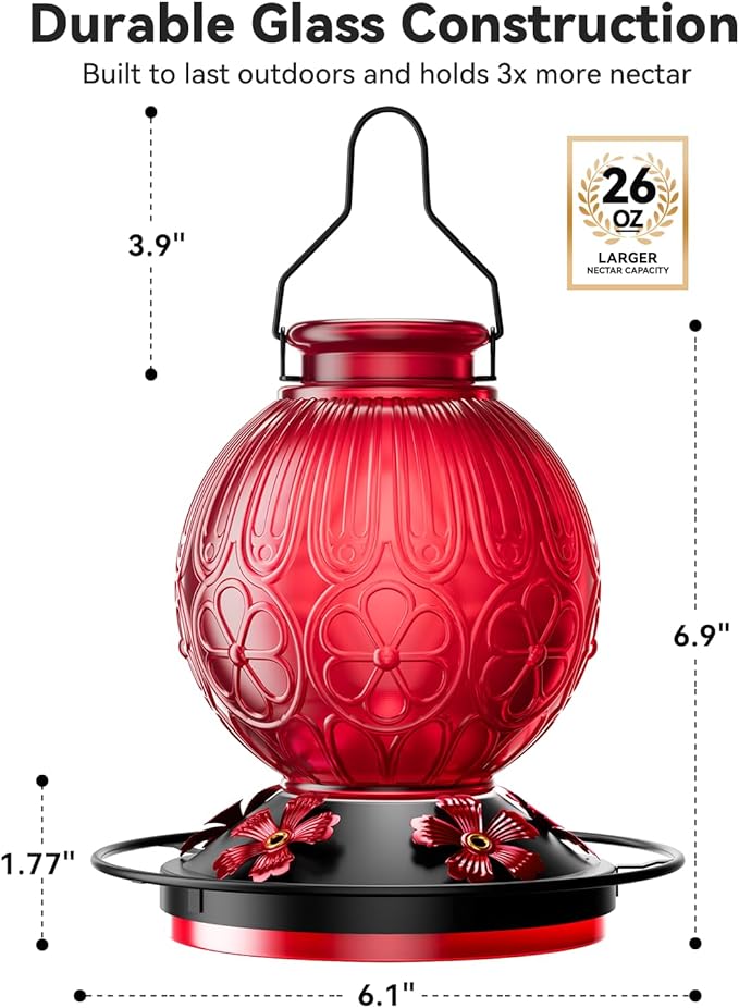 26Oz Hummingbird Feeder for Outdoors, Vintage Glass Bird Feeder with Perch, Durable & Easy to Clean, Hanging Nectar Feeder for Garden, Yard, Deck – Gift for Bird Lovers (Red)