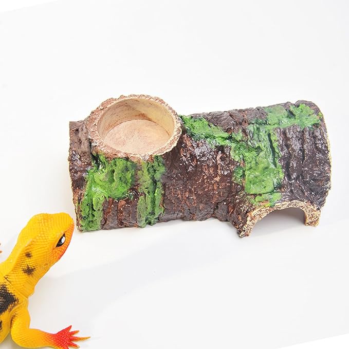 Medium Realistic Resin Hollow Log Hideout Natural-Looking Reptile Hide with Exterior Feeding Ledge Suitable for Bearded Dragons Geckos & Exotic Pets