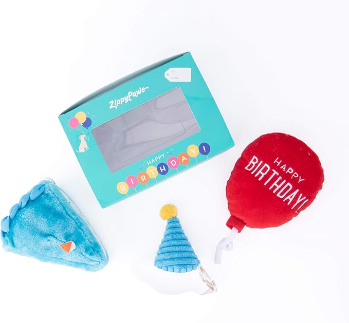 ZippyPaws Birthday Box - Dog Squeaky Toys to Keep Them Busy, Funny Food Plush for Small, Medium, & Large Dogs, Cute Stuffed Puppy Toy & Hat, Pet Products, Gift for Dogs of All Breeds - 3-Pack