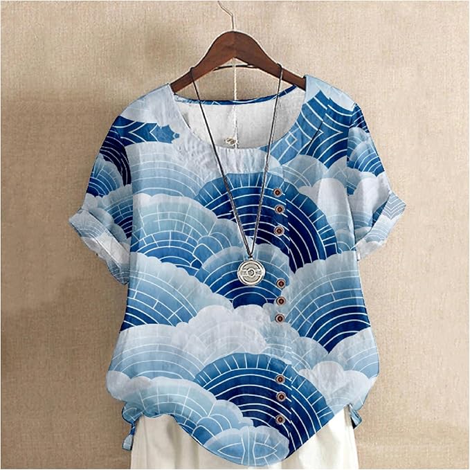 Japanese Print Women Summer Shirts Flower Bird Graphic Plus Size Tunic Tops Crewneck Short Sleeve Blouses