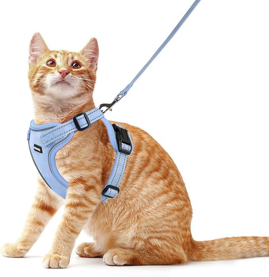 Rttochfy Cat Harness and Leash Set, Adjustable and Reflective Cat Vest, Escape Proof Kitten Harness, Easy to Put on with 3 Buckles for Cats Walking and Traveling (Blue, L)