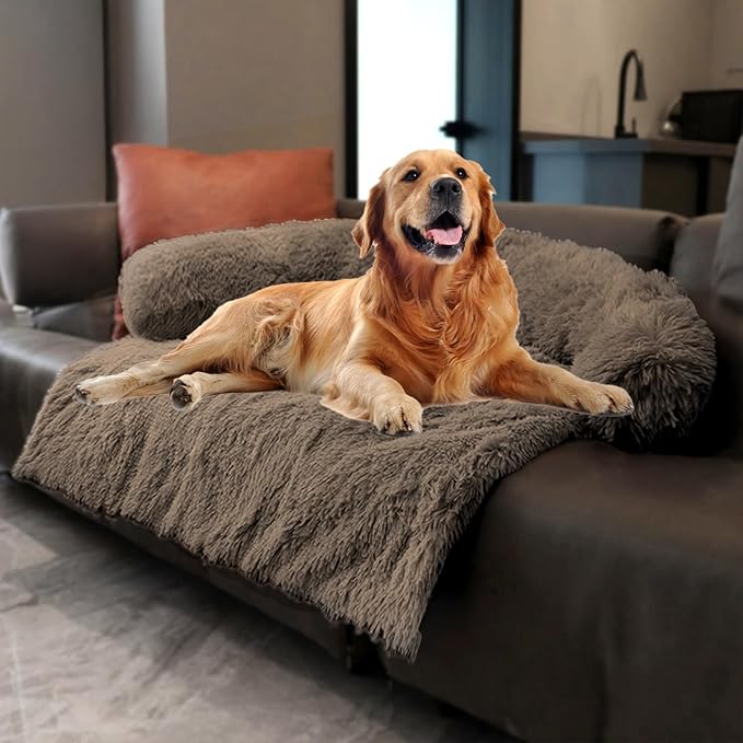 Calming Dogs/Cats Bed Mats, Dog Pad Washable Removable Couch Cover, Plush Long Fur Mat for Pets, Waterproof Lining, Perfect for Small, Medium and Large Dogs and Cats (Desert Brown, 45"x37")