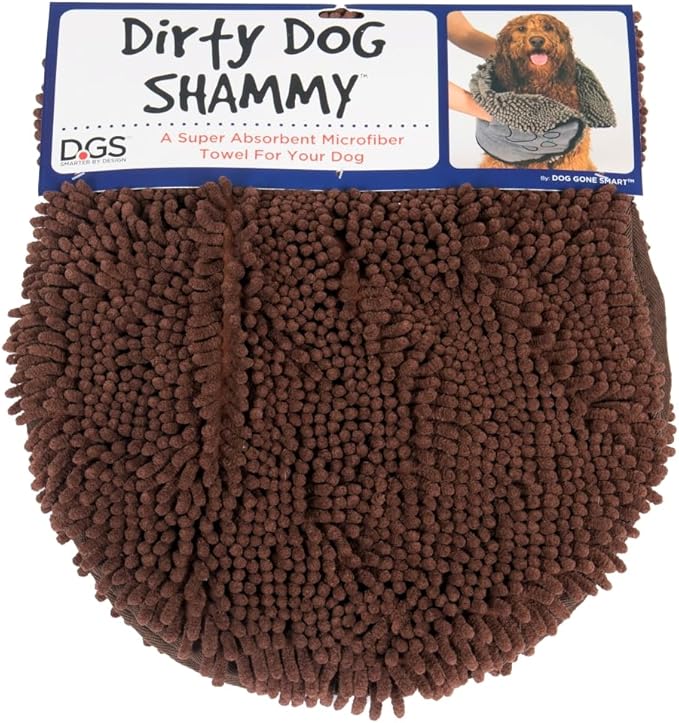 Dog Gone Smart The Dirty Dog Shammy - Fast Drying Plush Shammy Towel with Dual Hand Pockets and Elastic - Super Absorbent Microfiber and Machine Washable - Brown