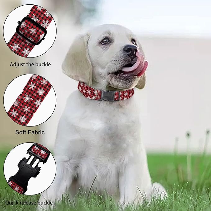 Winter Snowflake Christmas Red Black Plaid Gingham Dog Collar Cat Big Neck Collars Soft for Small Extra Large Heavy Duty Pet Dogs