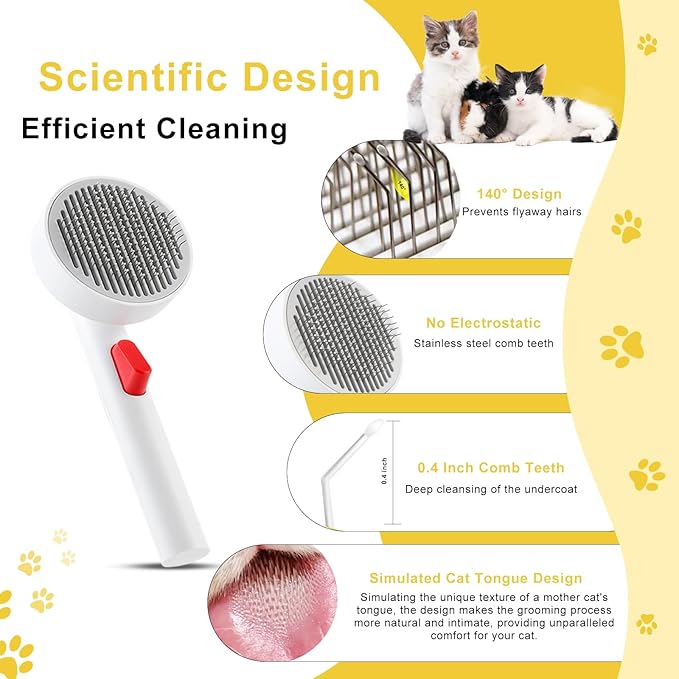 Cat Hair Remover Brush with 1-Click Self-Cleaning, Ergonomic Pet Grooming Tool with Golden Angle Teeth & Skin Protection