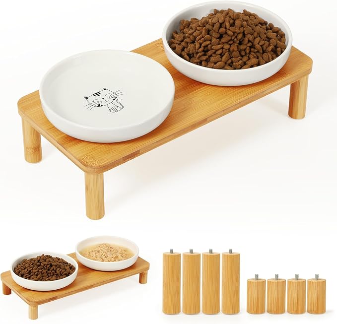 Elevated Cat Bowls for Indoor Cats – Raised Bamboo Cat Food Table with 2 Ceramic Dishes, Adjustable Height (4.25"/3.07"), Whisker Friendly Feeding Station
