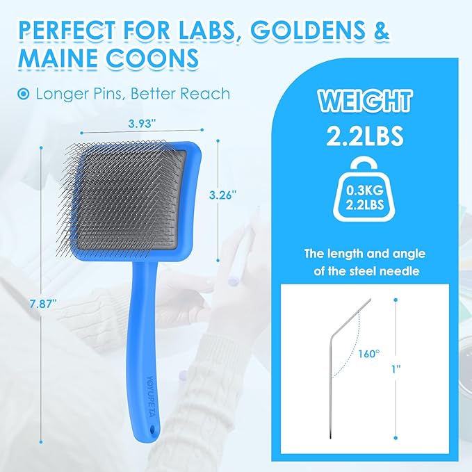 Large Dog Slicker Brush & Comb Set with Leather Sleeves - Long Pin Deshedding Brush for Golden Retrievers, Poodles, Doodles & Thick Coats, Wood Handle Pet Grooming Kit for Dogs, Cats. Blue