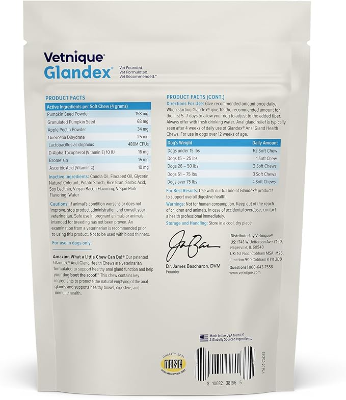 Vetnique Glandex Anal Gland Soft Chew Treats with Pumpkin for Dogs Digestive Enzymes, Probiotics Fiber Supplement for Dogs Boot The Scoot (Bacon Flavor Chews, 30 Count)