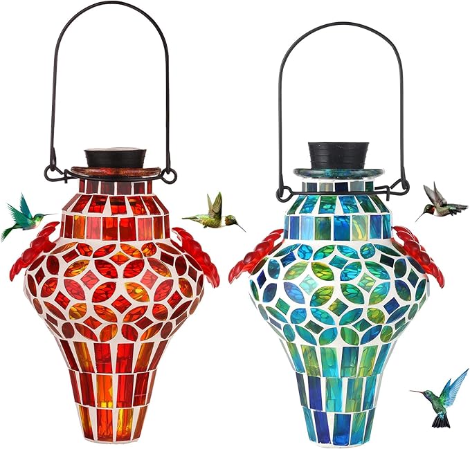 VOREEN Mosaic Glass Hummingbird Feeders for Outdoors Hanging, Hand Blown Hummingbird Feeders, Porch Garden Backyard Decor, Decorative Gift for Mom Wife Friend, 2pcs, Blue and Red