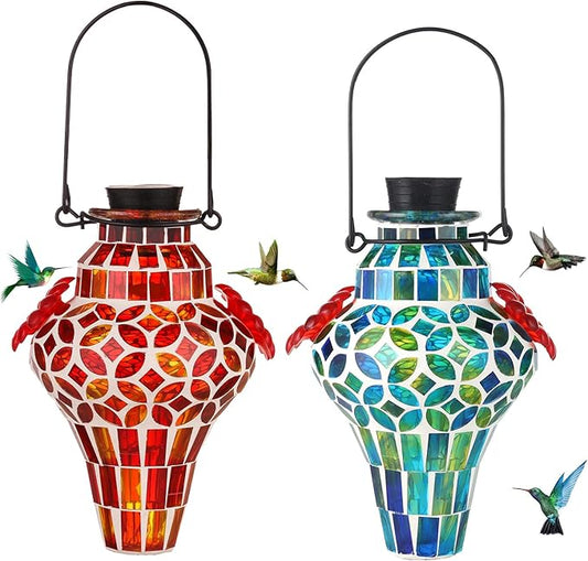 VOREEN Mosaic Glass Hummingbird Feeders for Outdoors Hanging, Hand Blown Hummingbird Feeders, Porch Garden Backyard Decor, Decorative Gift for Mom Wife Friend, 2pcs, Blue and Red