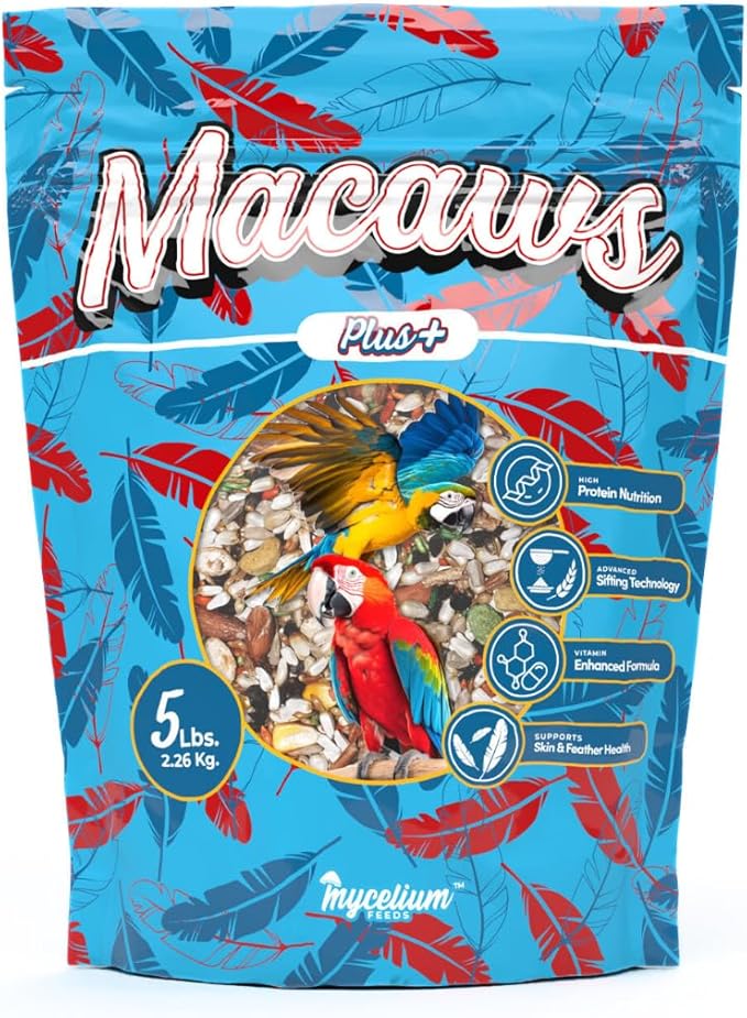 Mycelium Organic Macaw Plus Bird Seed Mix (5 LBS) | Premium Bird Food for Macaws & Large Parrots | High-Protein & Vitamin-Fortified Formula | Skin & Feather Support | Non-GMO, No Fillers, USA Made