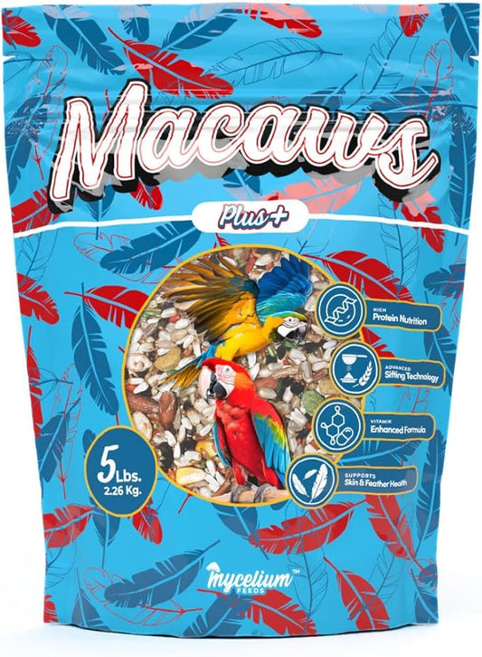 Mycelium Organic Macaw Plus Bird Seed Mix (5 LBS) | Premium Bird Food for Macaws & Large Parrots | High-Protein & Vitamin-Fortified Formula | Skin & Feather Support | Non-GMO, No Fillers, USA Made