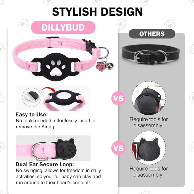 Airtag Cat Collar Breakaway, Cute GPS Cat Tracker Collars with Air Tag Holder, Safety Cat Collars with Bell & Pendant for Girl Boy Cats, Pink