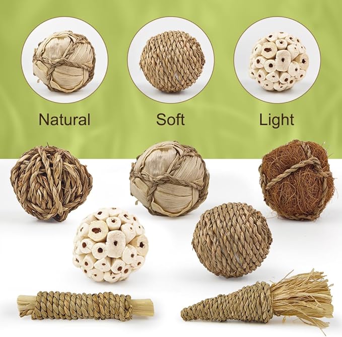 7Pcs Bird Toy Large Chewing Balls - Natural Soft Chew Shredding & Foraging Toy for Cockatiel Conure Quaker Parrot Budgie Parakeet Rabbit Bunny Guinea Pig Chinchilla