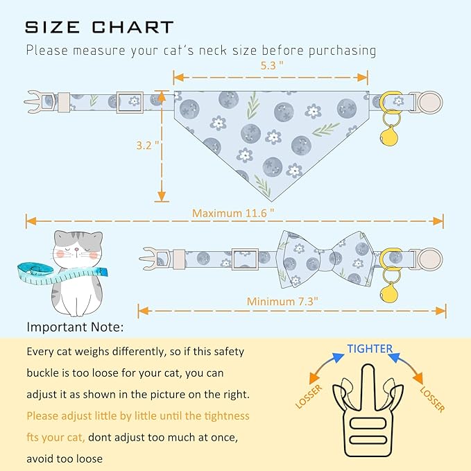 Faygarsle 2 Pack Blueberry Pattern Cat Collar Set with Bandana and Bow Tie, Light Blue, Breakaway Style with Bell