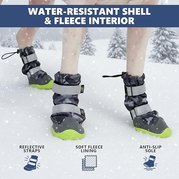 Spark Paws Dog Shoes, Waterproof Dog Boots for Medium to Large Dogs, Non Slip, Breathable Dog Booties and Paw Protectors - 4PCS Doggie Hiking Boots with Reflective Straps, Gray Camo, Size 4