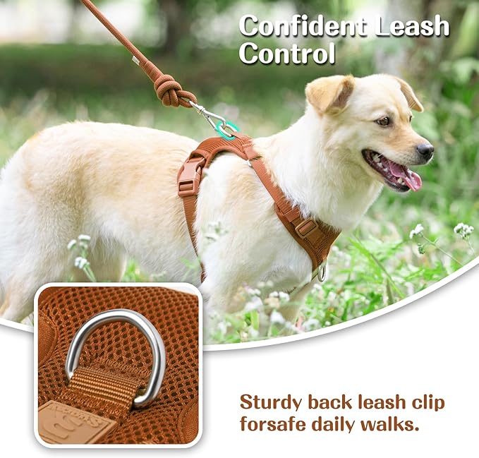 No Pull Dog Harness for Small Medium Large Dogs - Adjustable Two-Layer Mesh Dog Vest with Dual Clip, Escape Proof, Quick Release, Lightweight Breathable Mesh for Walking Hiking (Carmel Brown,L)