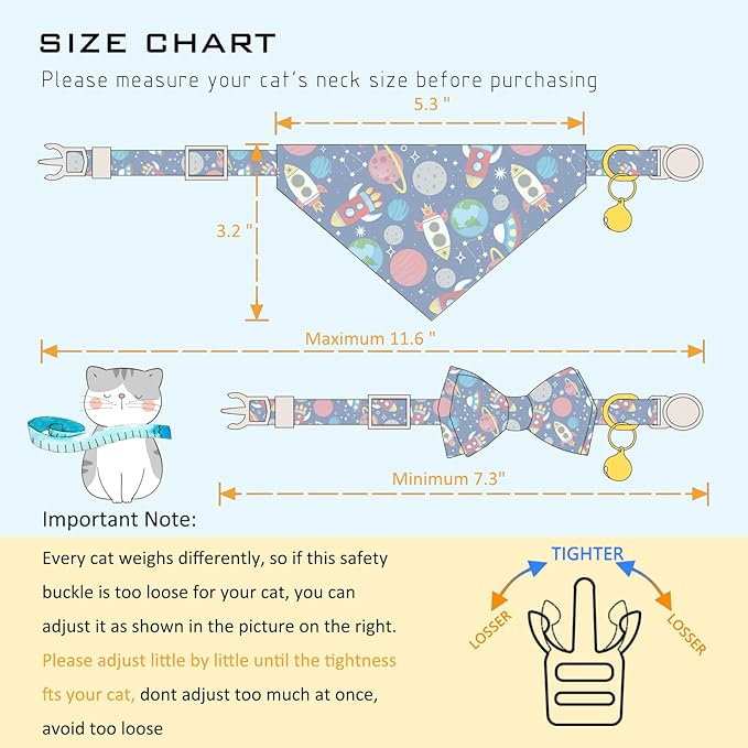 Faygarsle 2 Pack Space Theme Cat Collar Set with Bandana and Bow Tie, Breakaway Safety Buckle, Navy Blue with Rockets