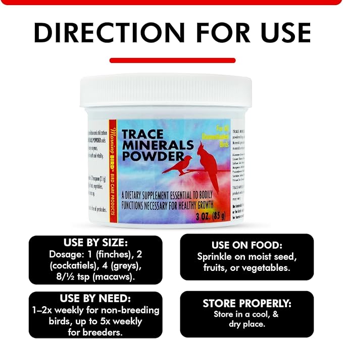 Morning Bird Trace Minerals Powder 3 Oz – Complete Mineral Supplement for Birds – Promotes Energy, Metabolism & Enzyme Activity – Easy to Mix for Daily Vitamin Support.
